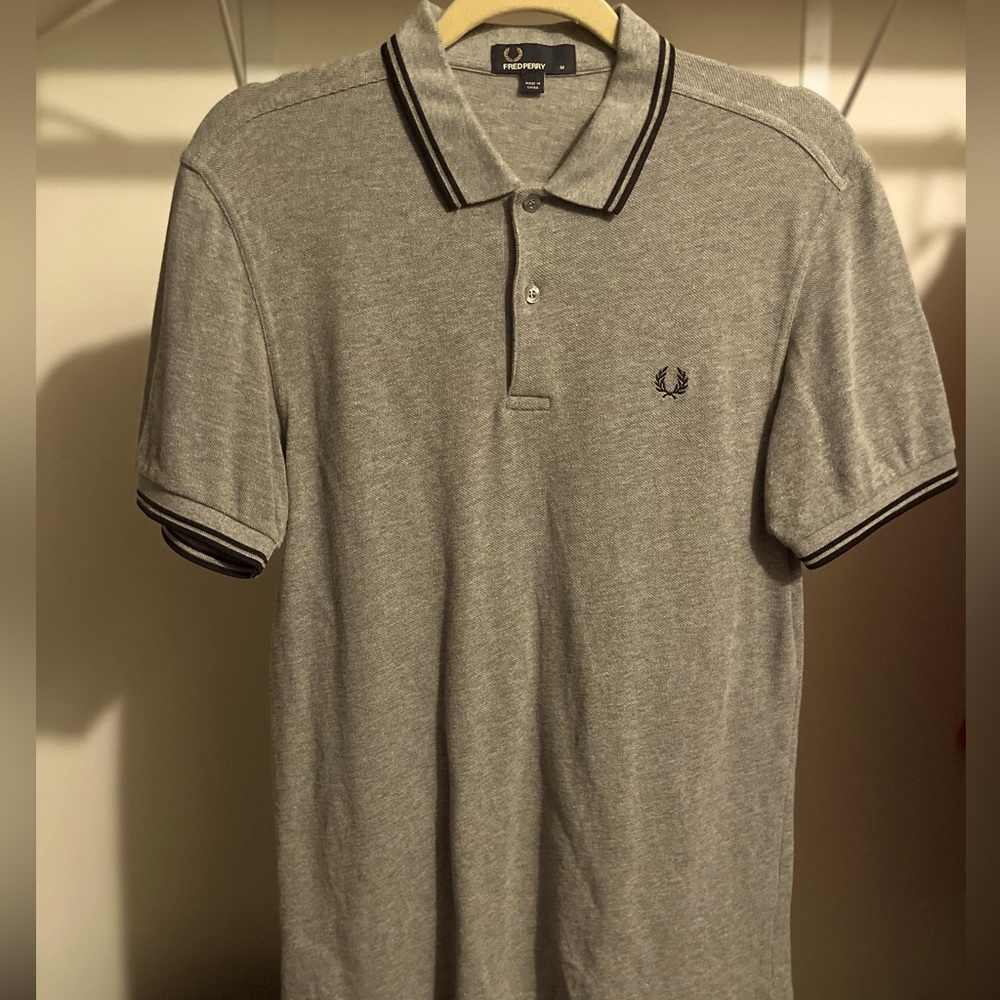 M Fred Perry Polo: Gray Twin Tipped with Black Stripes